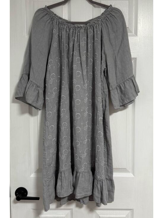 Belle France Dresses & Skirts - Belle France Women's Gray 100%Linen Embroidered Ruffle Dress Size Large